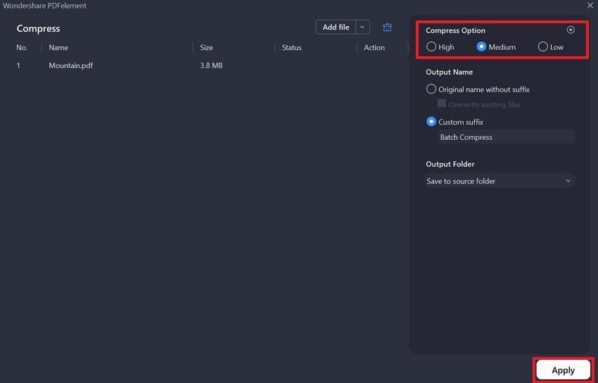 choose compression option and apply