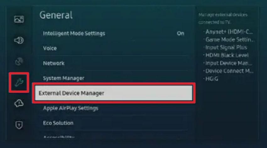 access external device manager in settings