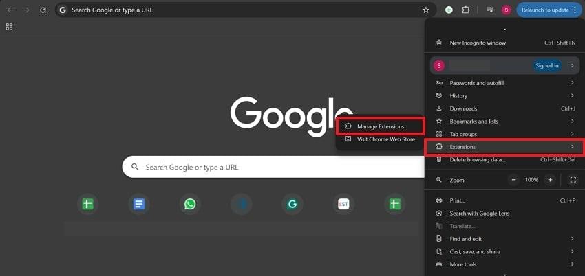 select manage extension option