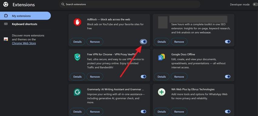 disable adblock extension