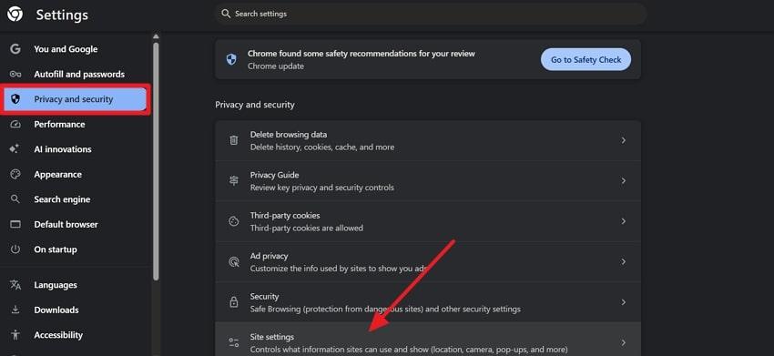 access the site settings option