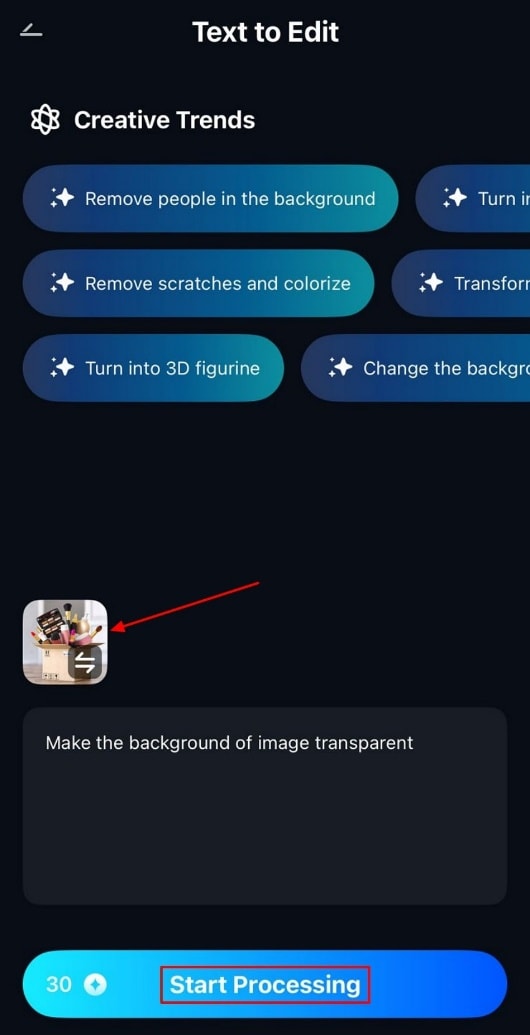 tap on start processing