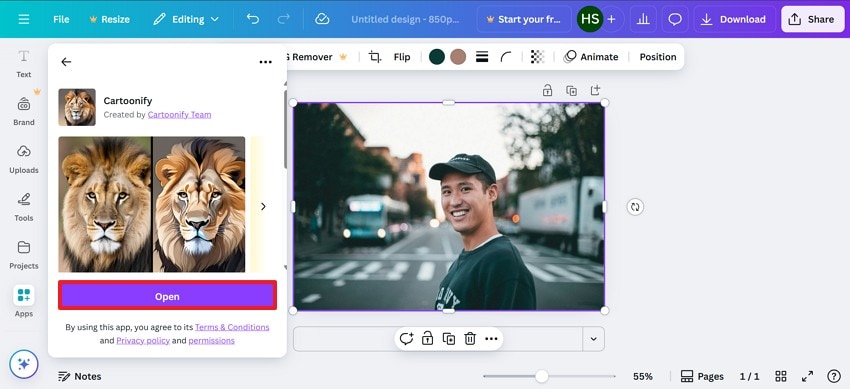 open cartoonify page canva