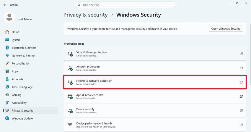 select firewall and network connection