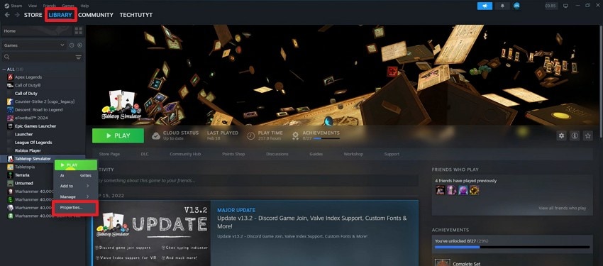 enter game properties on steam