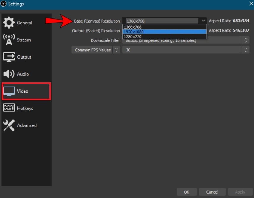 obs video base canvas resolution