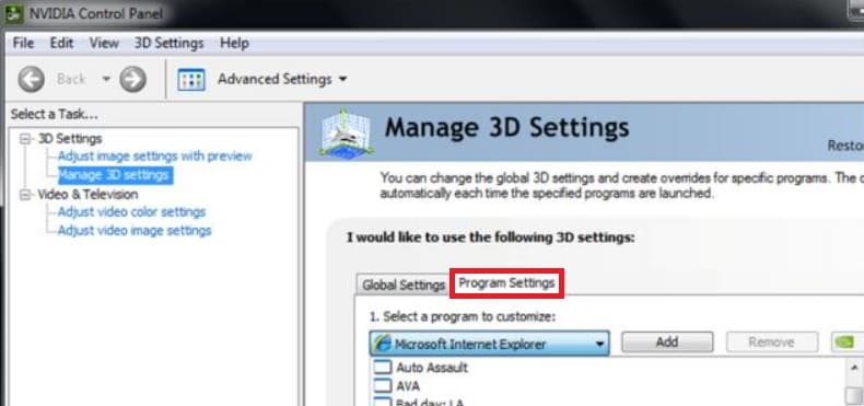 nvidia control panel 3d program settings