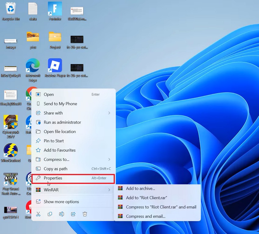 right click to access properties