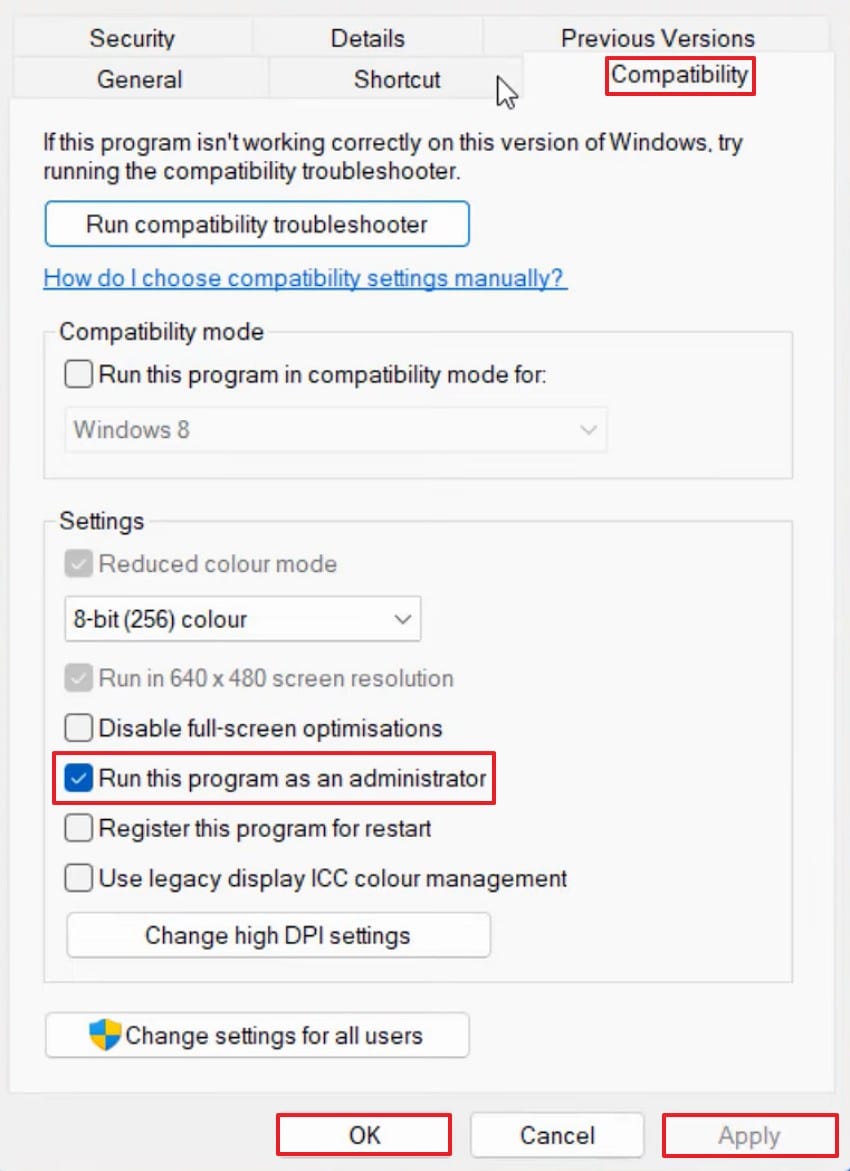 choose ok and apply in compatibility