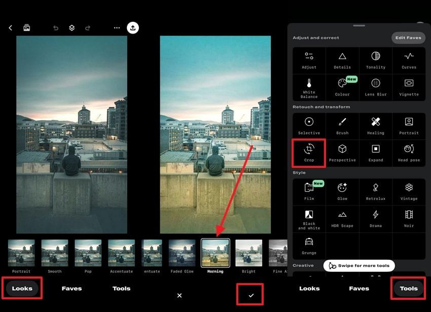 add filter and access crop tool