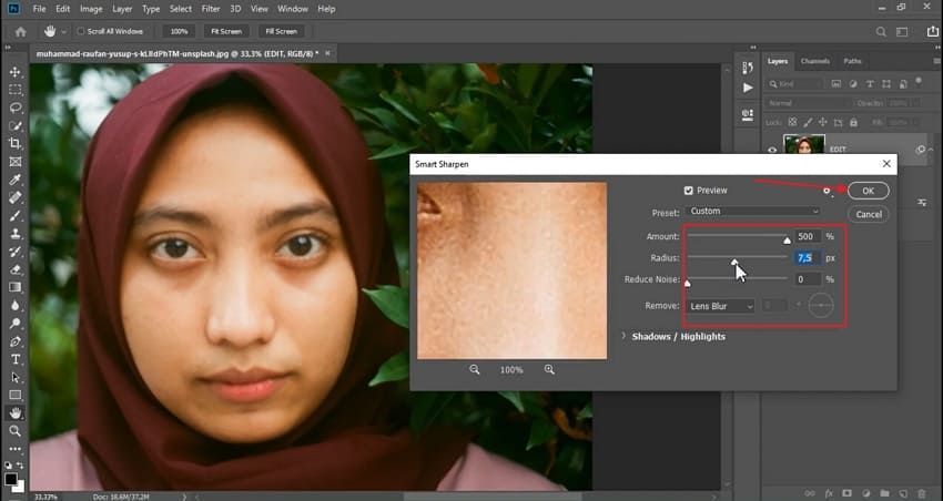 adjust sharpening level adobe photoshop