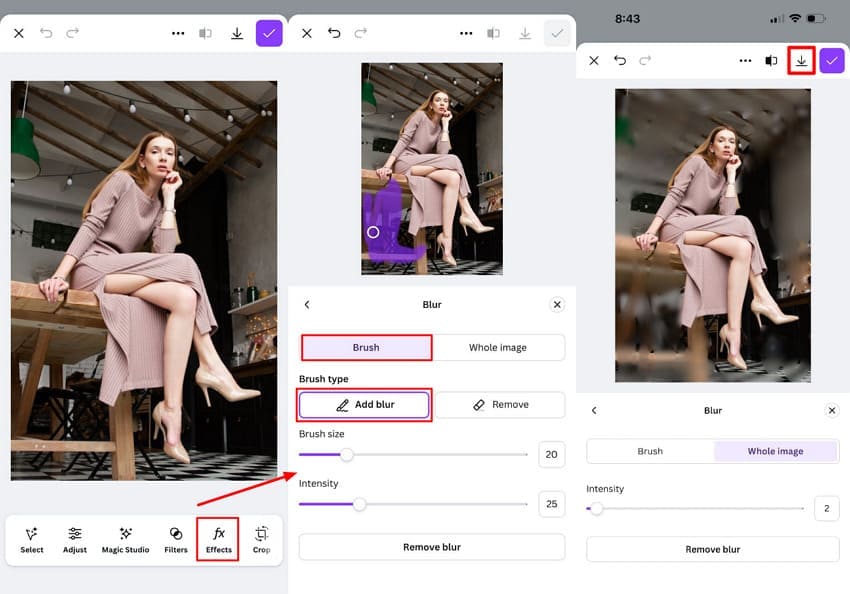 apply and adjust blur canva