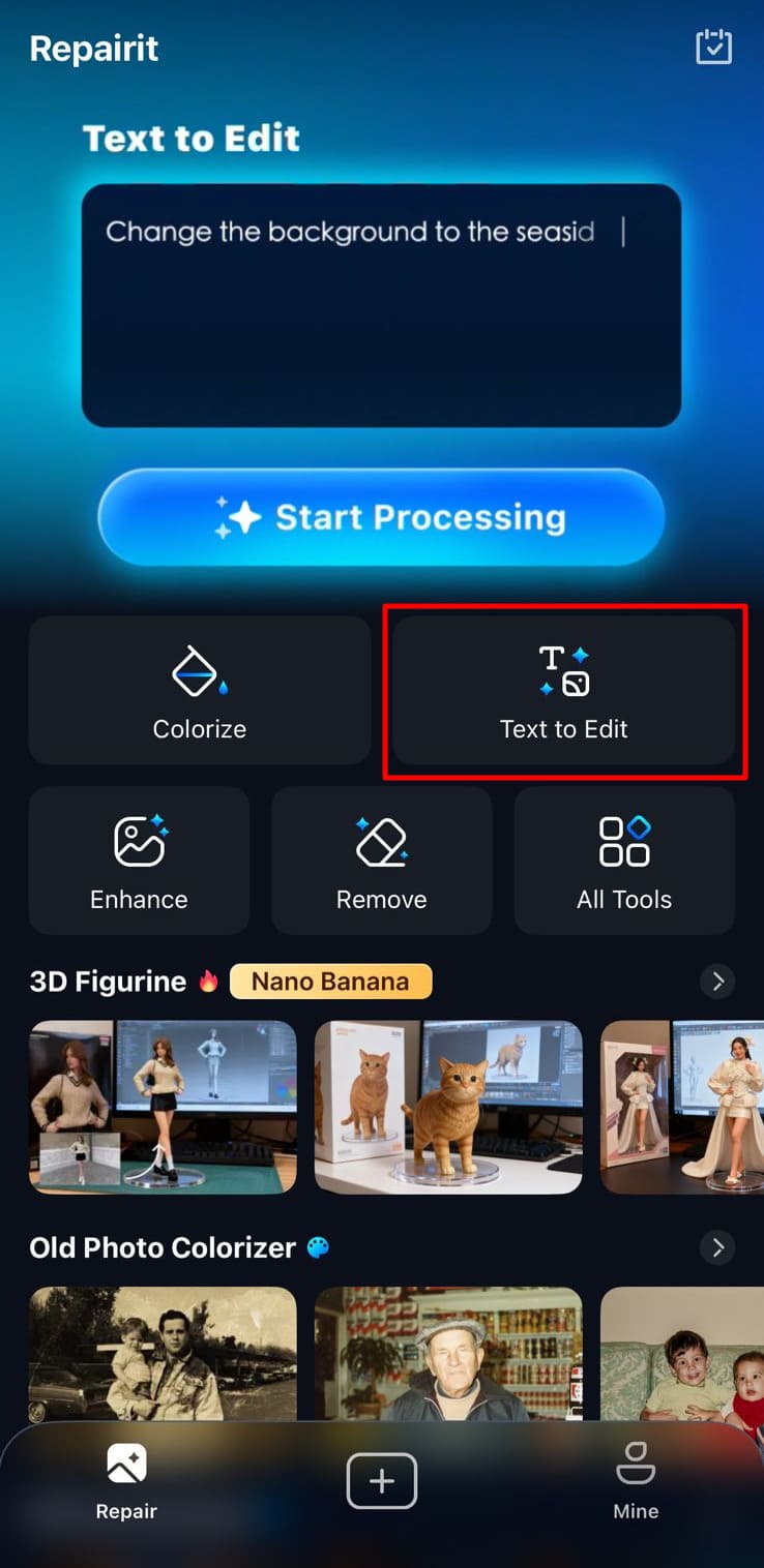 start text to edit repairit app