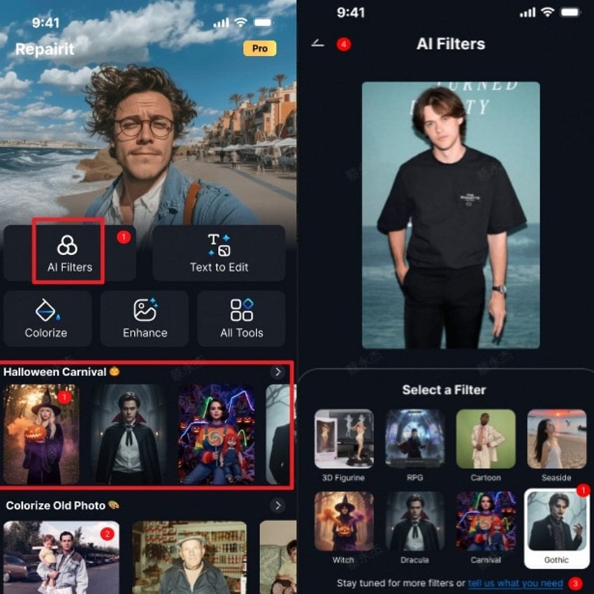 choose ai filters on repairit app