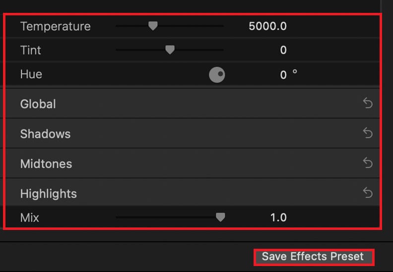save effects preset