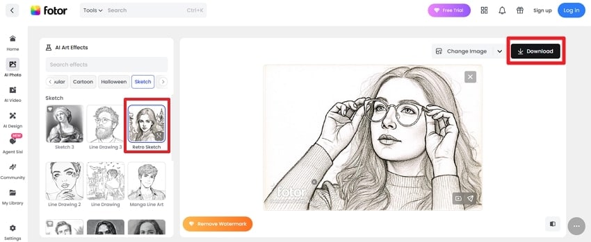 choose sketch filter and download image
