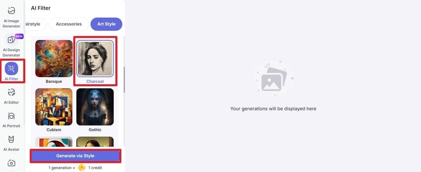 access ai filter and select charcoal