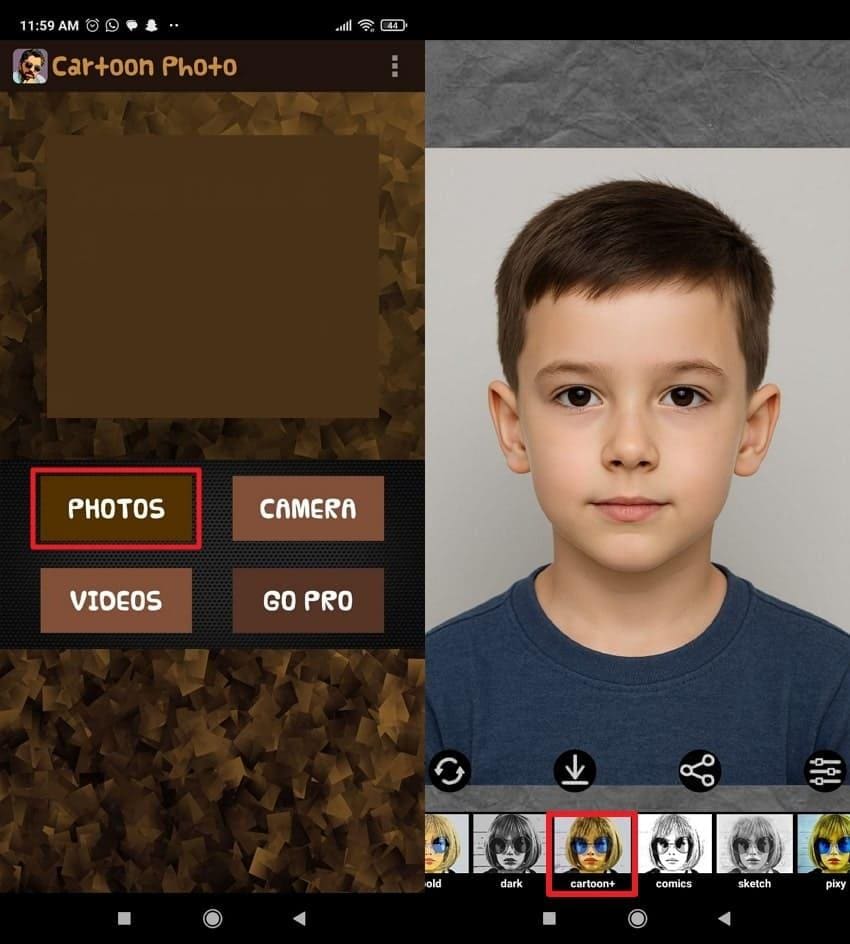 insert image and choose cartoon filter