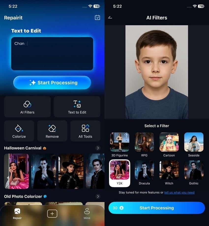 choose y2k filter on repairit