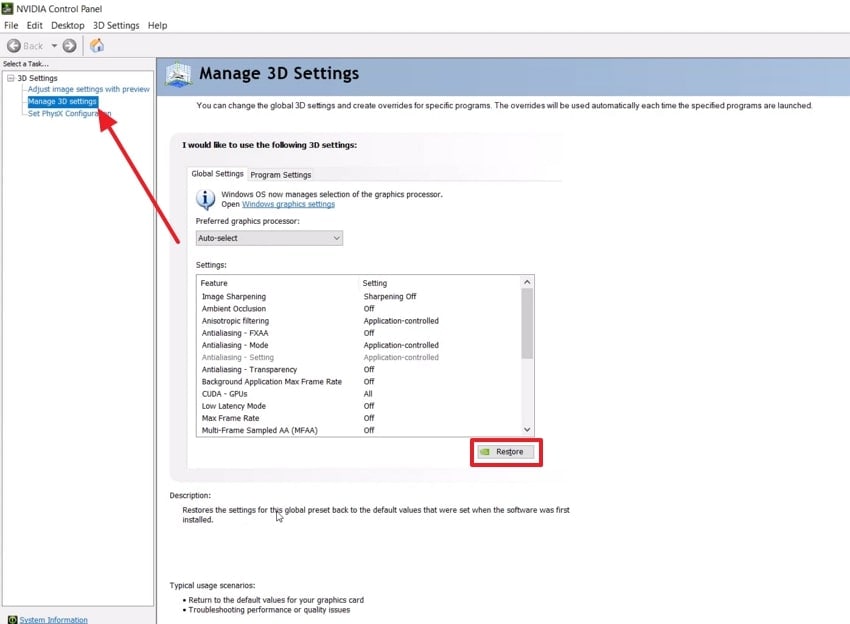 choose restore in nvidia control panel