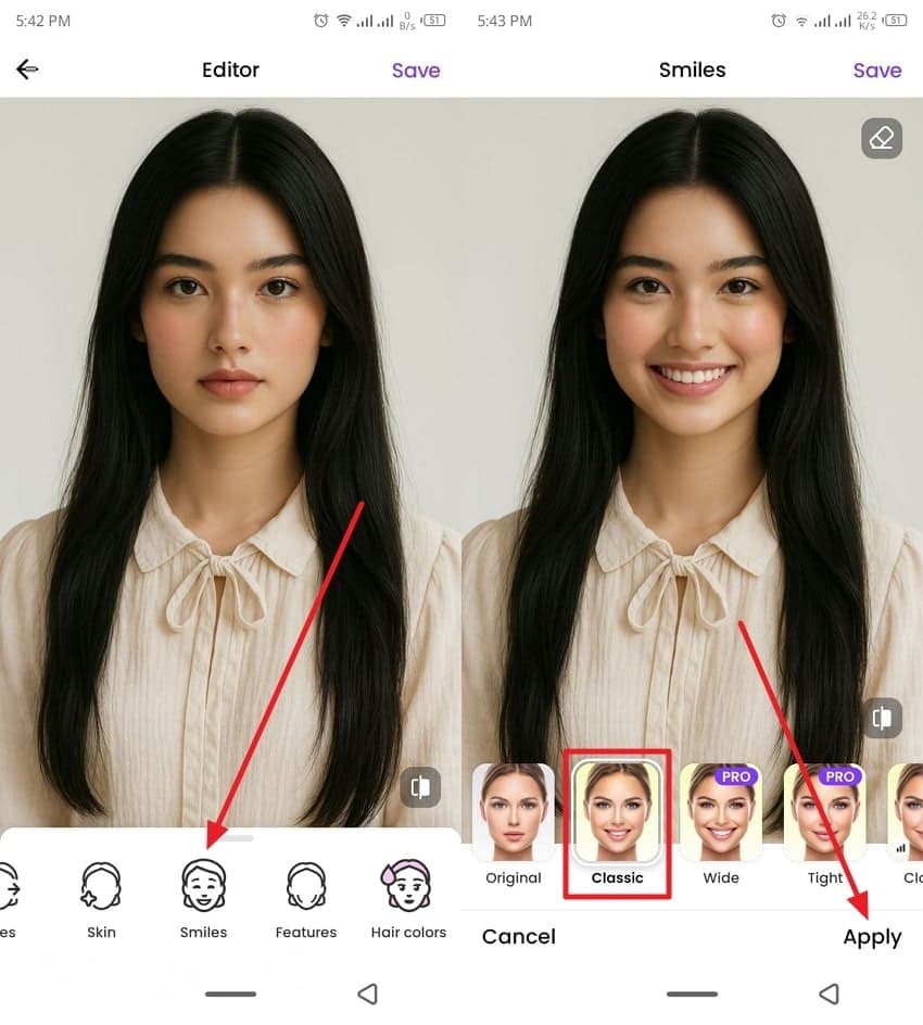 faceapp smile options