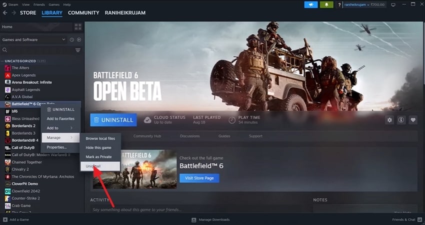 uninstall battlefield 6 from steam