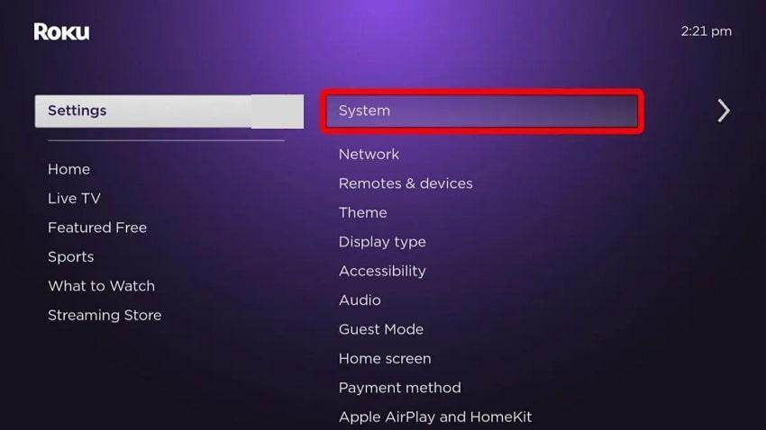 open system option from settings