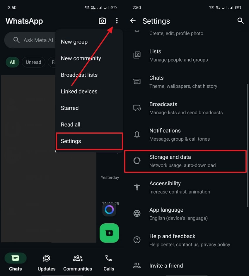 access whatsapp storage and data