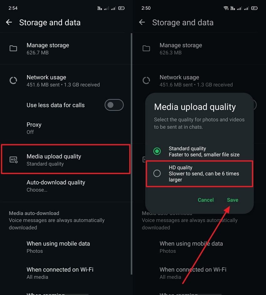choose hd qaulity on whatsapp