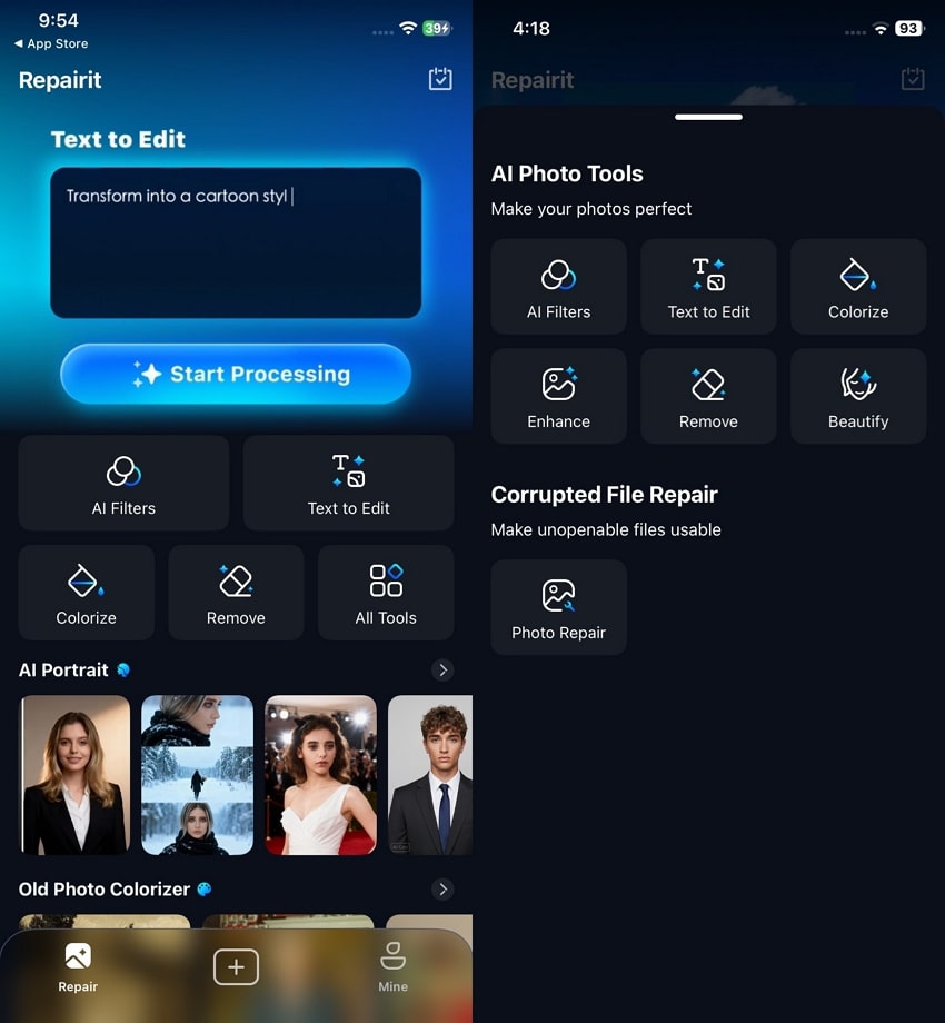 choose enhance on repairit app