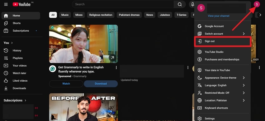 sign out from youtube