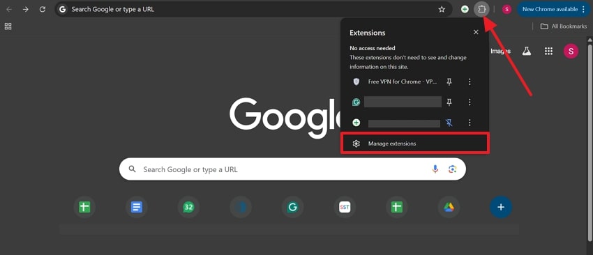 choose manage extension option