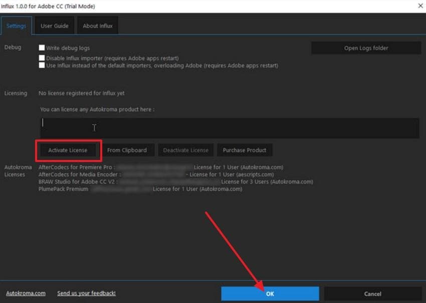 press ok to activate license