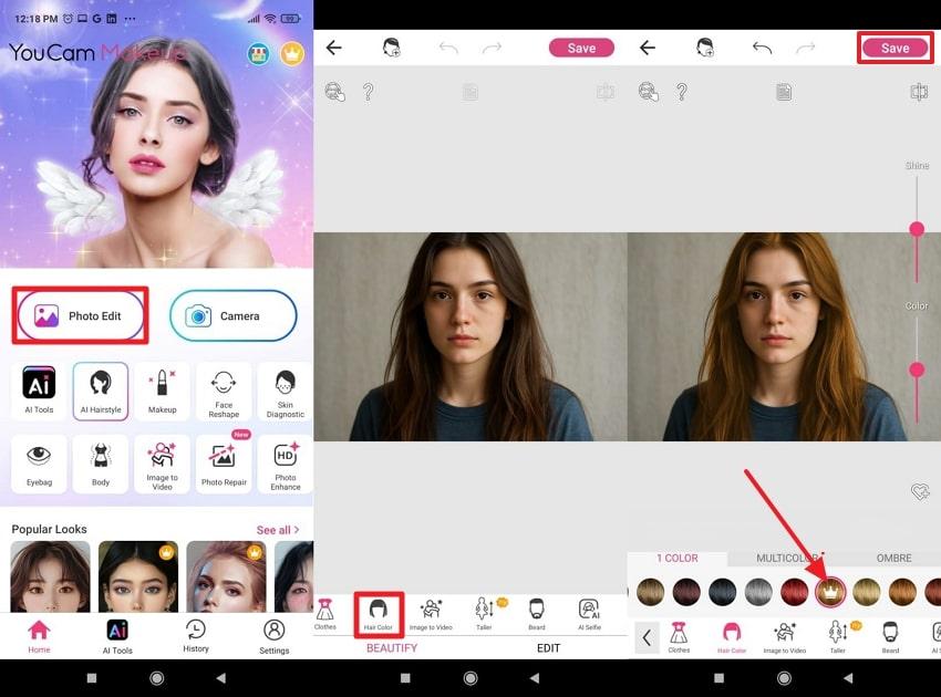 youcam makeup hair dye choices