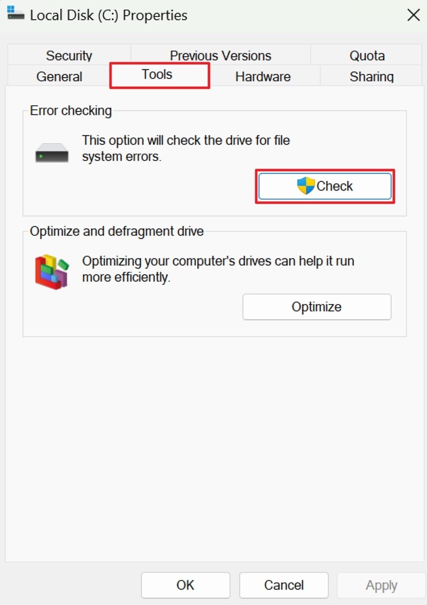 check error in file properties