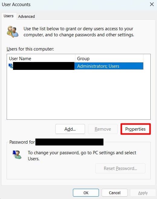 choose the properties option