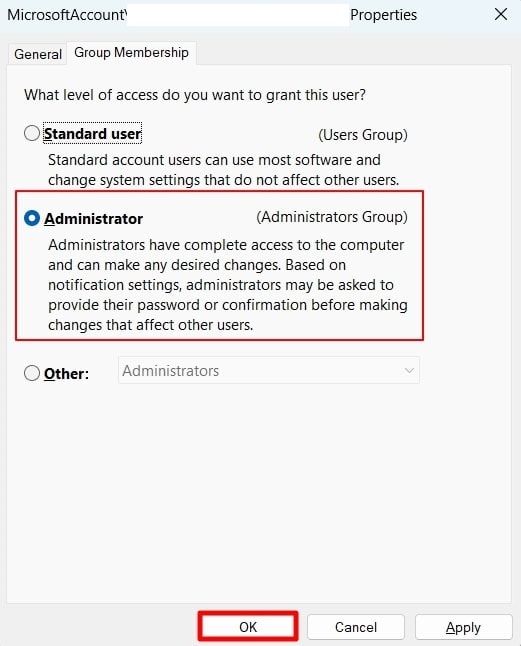 select the administrator option