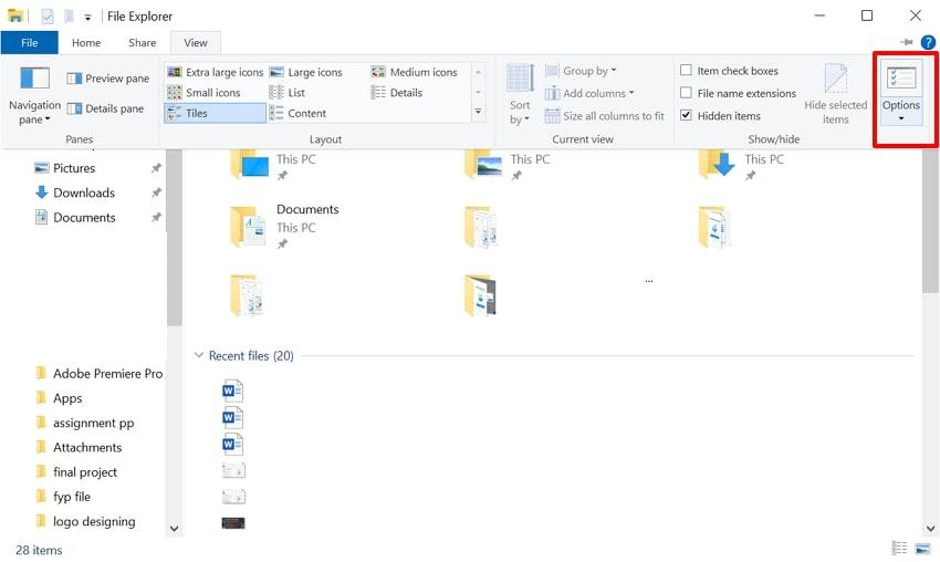 open file explorer settings interface