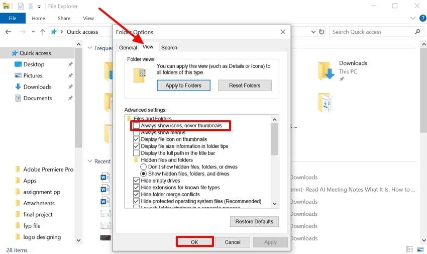 disable icons thumbnails option