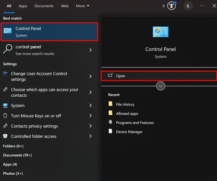 open the control panel