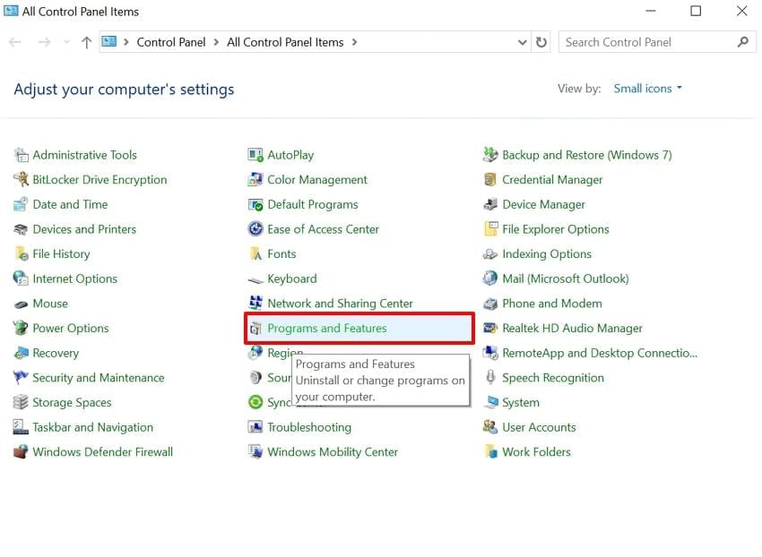 choose programs and features option