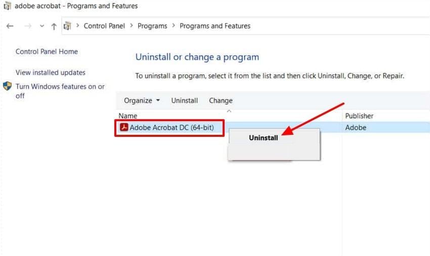 uninstall the acrobat app