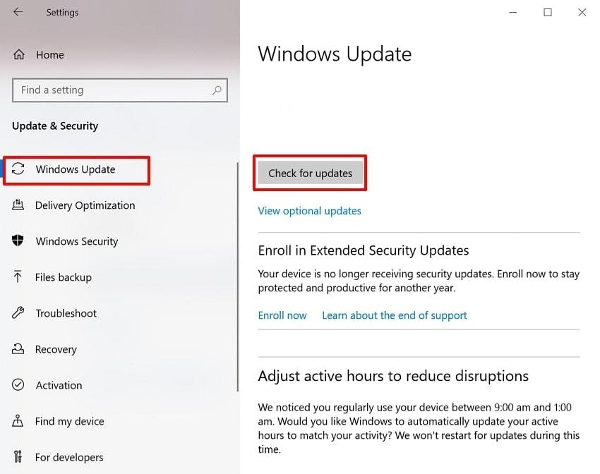click check for updates button