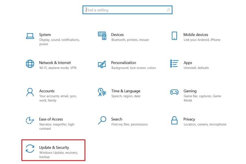 enter windows settings update security