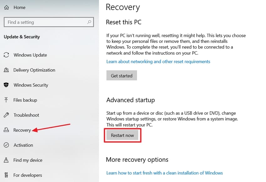 hit restart now option advanced setup