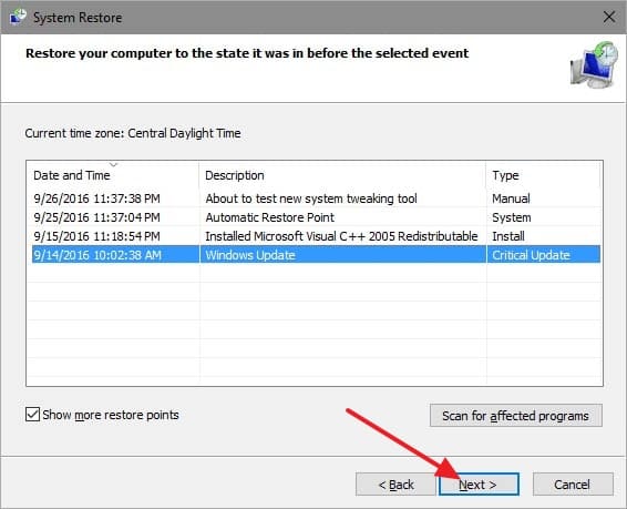 choose new restore point windows