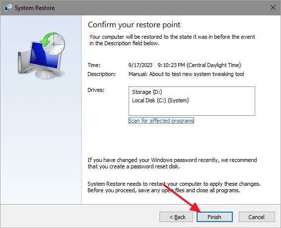 confirm windows new restore point