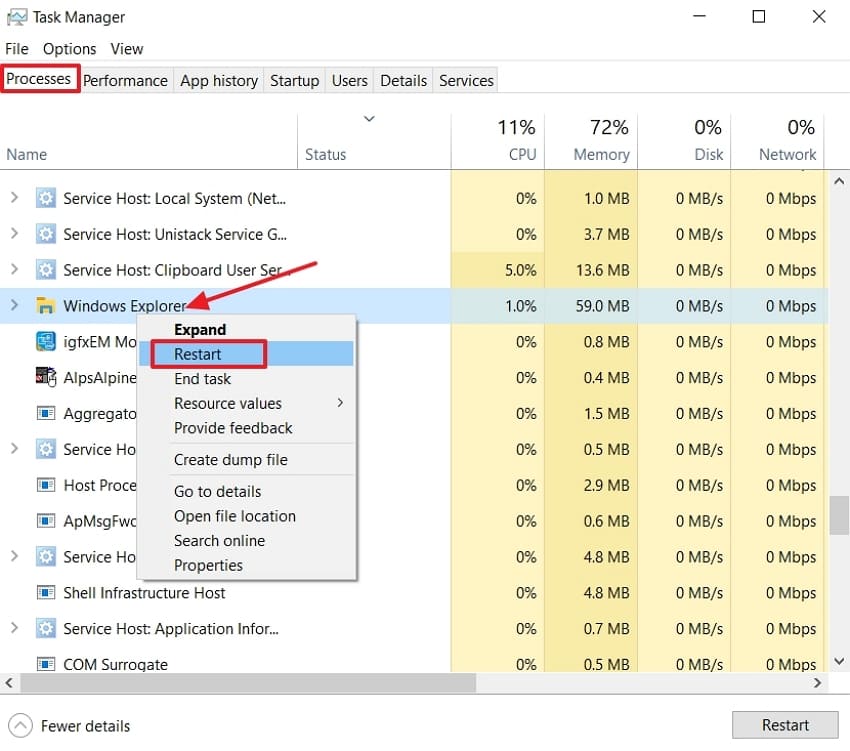 restart windows explorer task