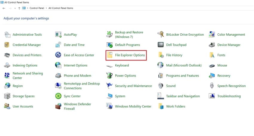 open file explorer options control panel