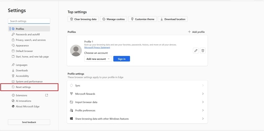 go to reset settings